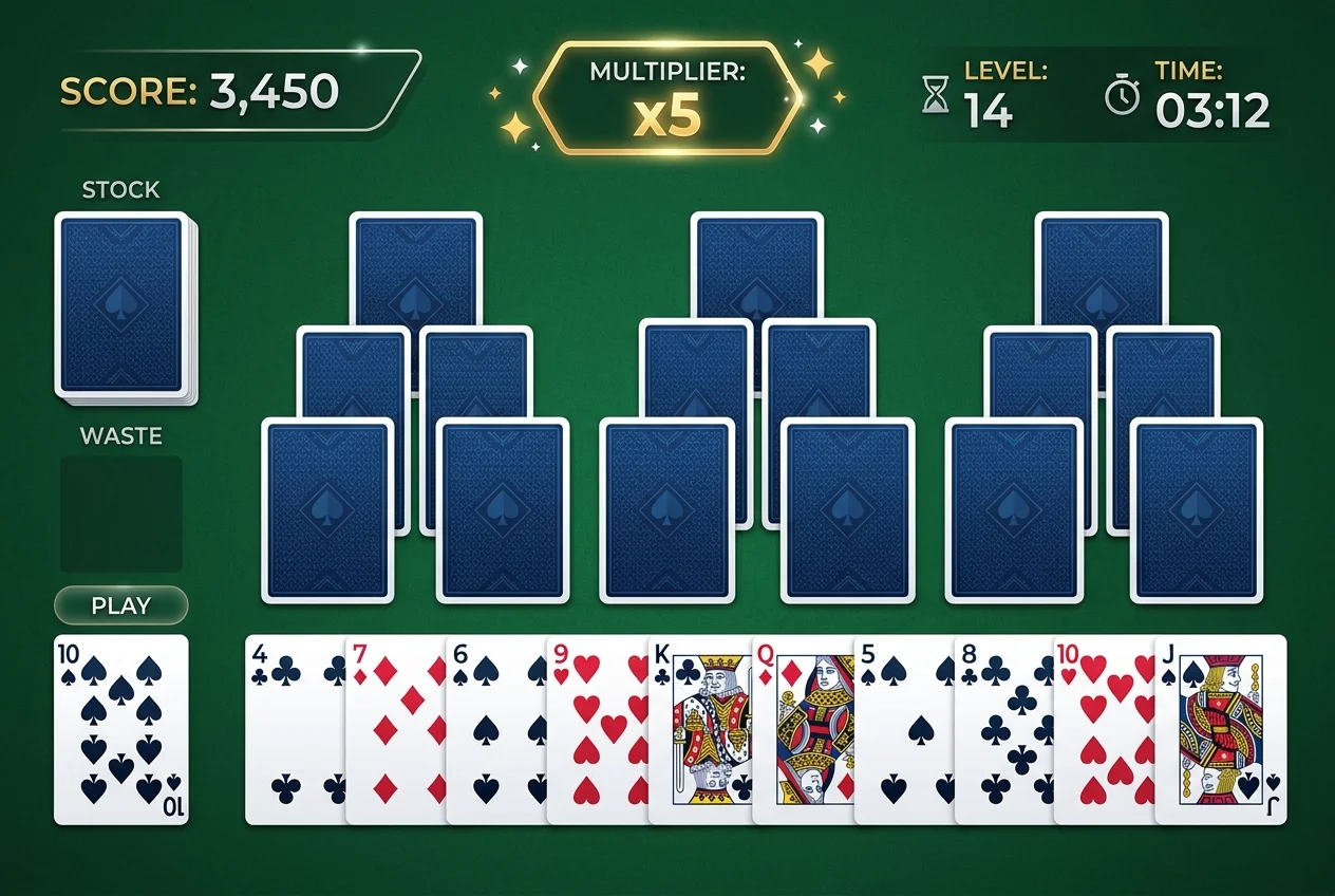 TriPeaks Solitaire scoring system layout showing cards and scoring multipliers