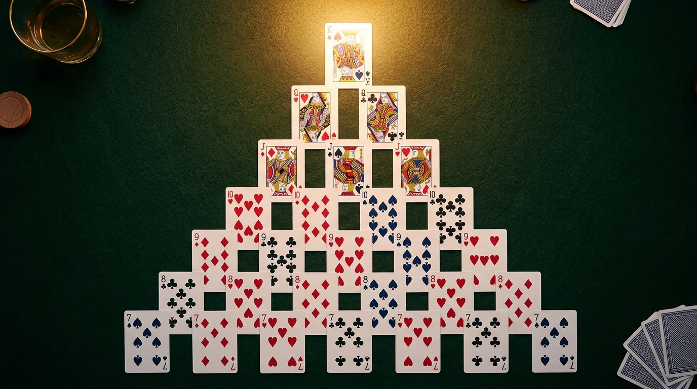 A top-down photograph of a pyramid card layout on a dark green felt table with glowing highlights representing high scores.