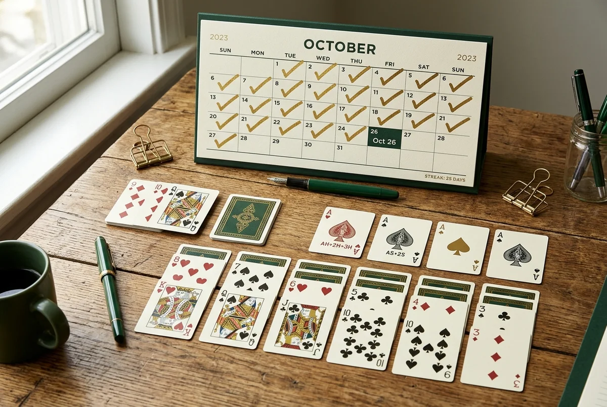 Daily Solitaire calendar showing a long winning streak