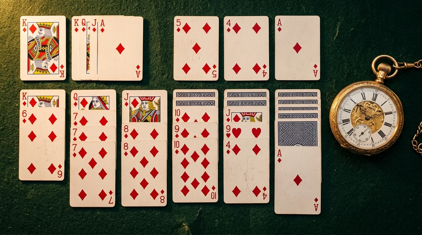 Top-down view of playing cards arranged in a Spider Solitaire layout on a dark green felt table next to a classic vintage golden pocket watch.