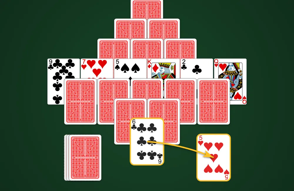 Removing cards in Diamond Solitaire by matching one rank higher or lower