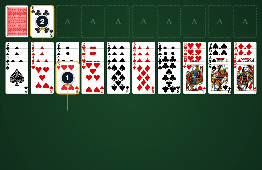 Forty Thieves Solitaire board layout showing 10 columns of 4 face-up cards