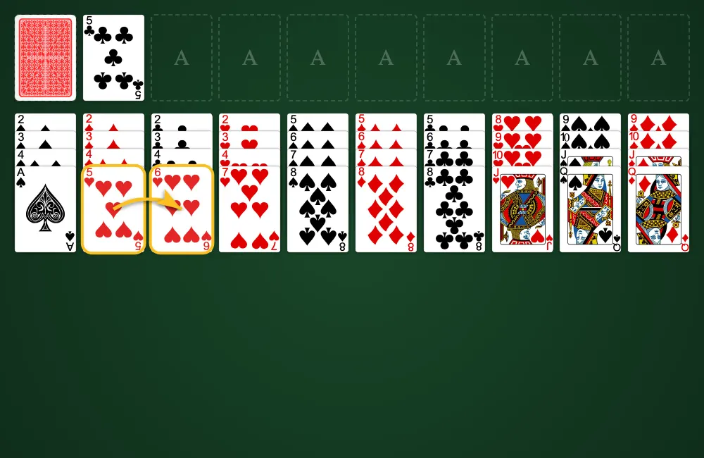 Tableau building rules in Forty Thieves Solitaire showing same-suit card movement