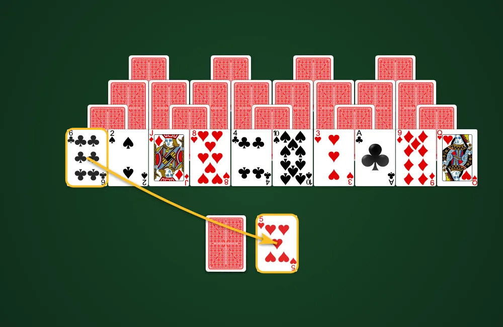 Removing cards in Four Peaks Solitaire by matching one rank higher or lower