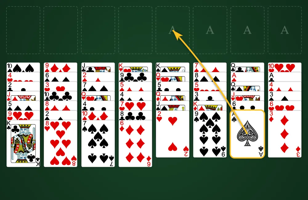 Moving cards to FreeCell Solitaire foundation piles by suit from Ace to King