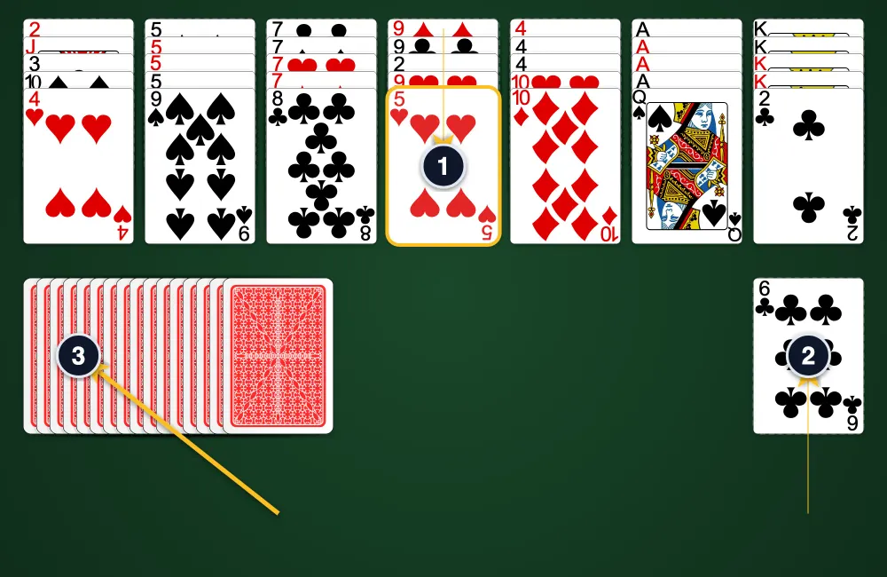 Golf Solitaire board layout showing 7 columns of 5 face-up cards