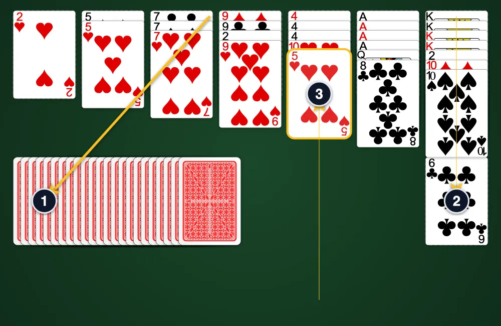 Golf Rush Solitaire board showing 7 columns of face-up cards