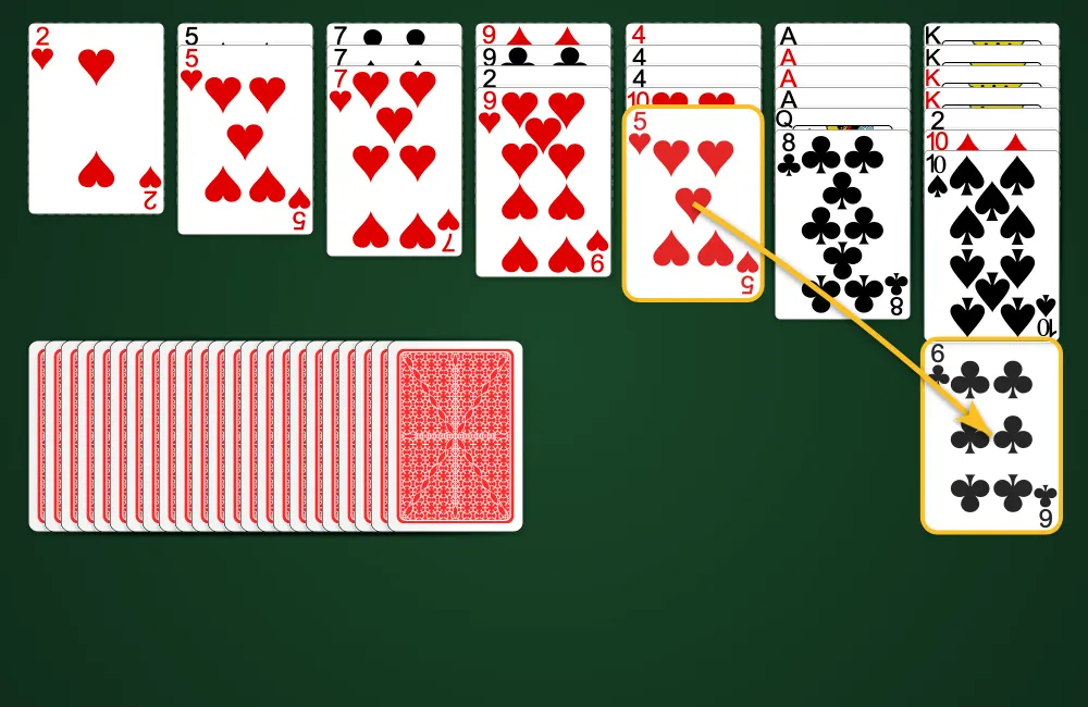 Removing cards in Golf Rush Solitaire showing the wrap-around placement rules