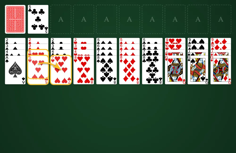 Moving cards in Josephine Solitaire showing sequence movement rules