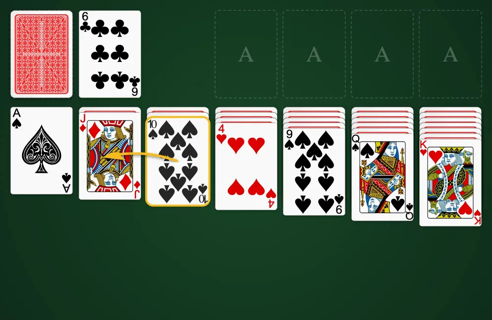 Valid card movements in the Solitaire tableau building columns downward in alternating colors