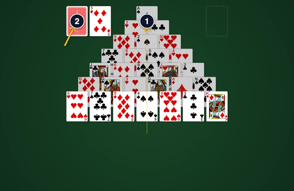 Pyramid Solitaire layout setup showing 28 cards dealt face up in 7 rows