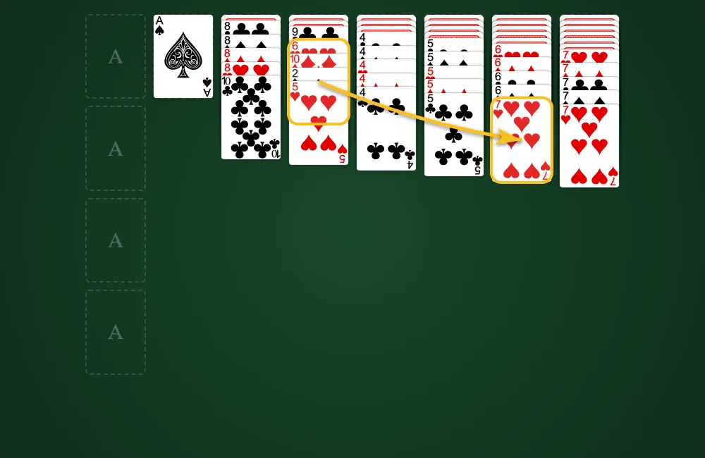 Moving cards in Russian Solitaire showing the same-suit placement restriction
