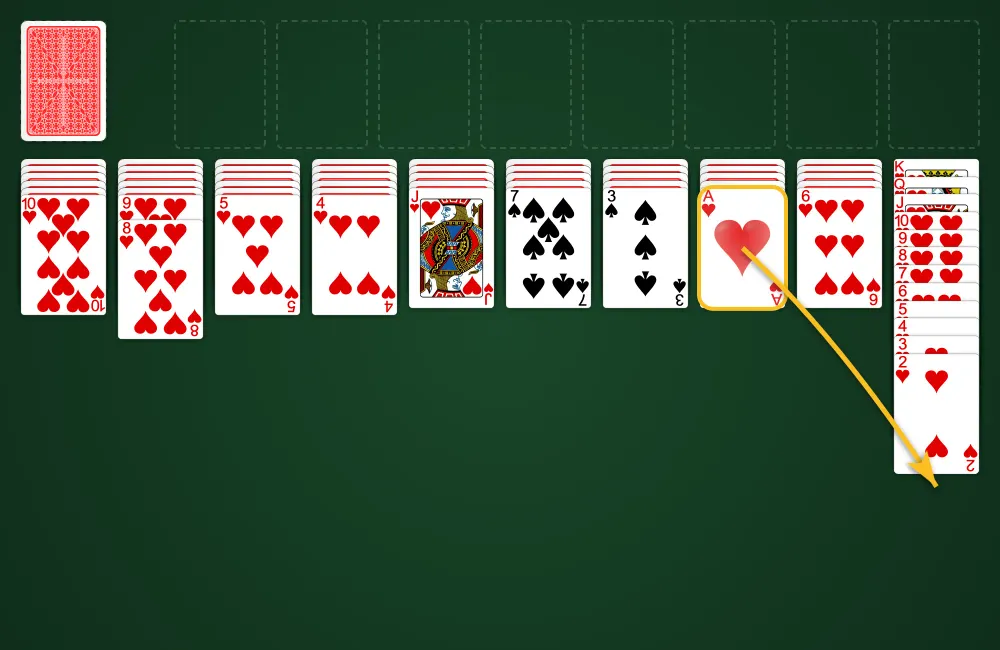 A complete Hearts sequence cleared from the Spider Solitaire 2 Suits board