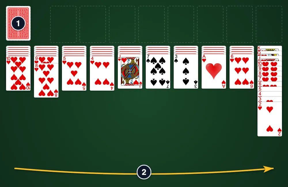 Spider Solitaire 2 Suits board layout with Hearts and Spades on the felt