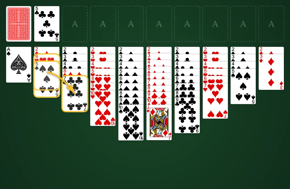 Moving cards in Thieves of Egypt Solitaire showing alternating color placement