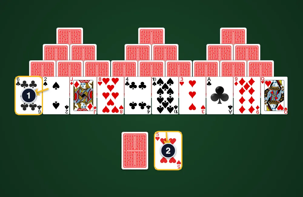 TriPeaks Solitaire board layout showing three overlapping pyramids