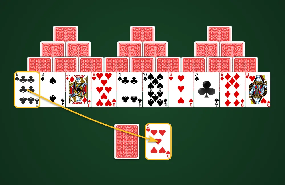 Removing cards in TriPeaks Solitaire by matching one rank higher or lower
