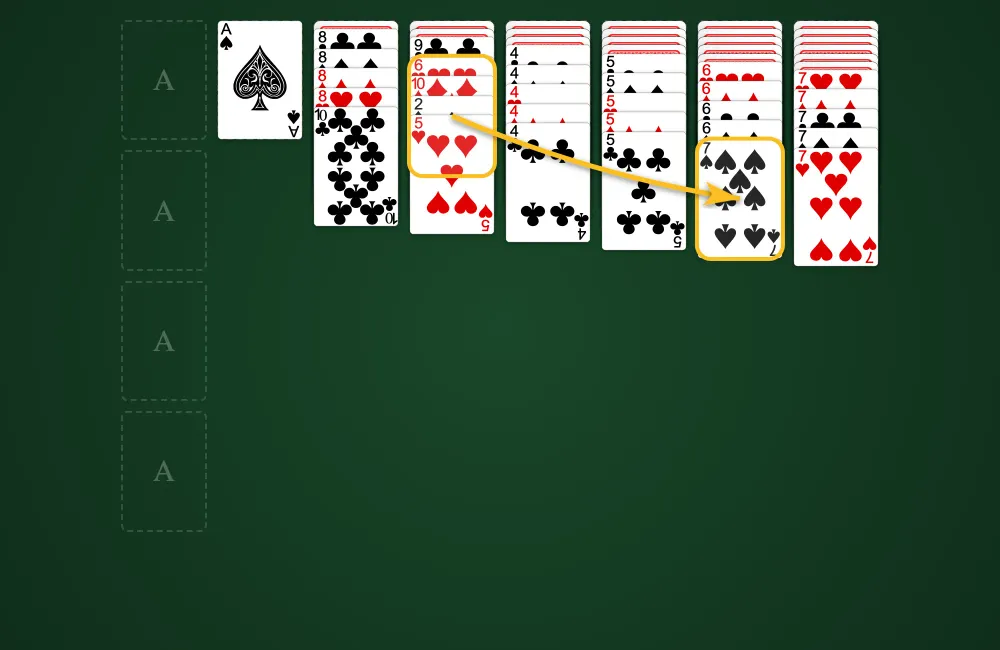 The famous Super Move rule in Yukon Solitaire showing cards being moved in a non-sequential stack